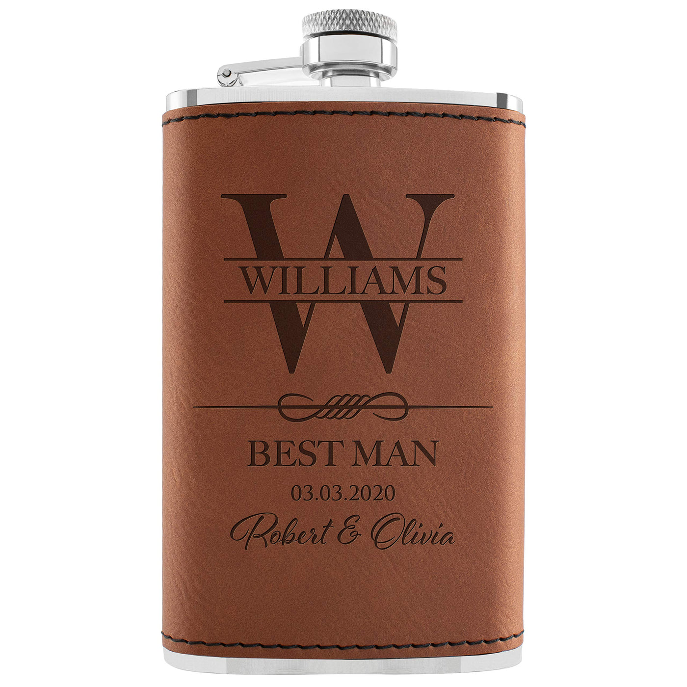 Personalized Hip Flasks Set of 6 - Engraved Leatherette 6 Oz, Best Man & Groomsmen Proposal Gifts, Wedding Party Favors - Chestnut #4