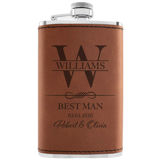 Personalized Hip Flasks Set of 6 - Engraved Leatherette 6 Oz, Best Man & Groomsmen Proposal Gifts, Wedding Party Favors - Chestnut #4