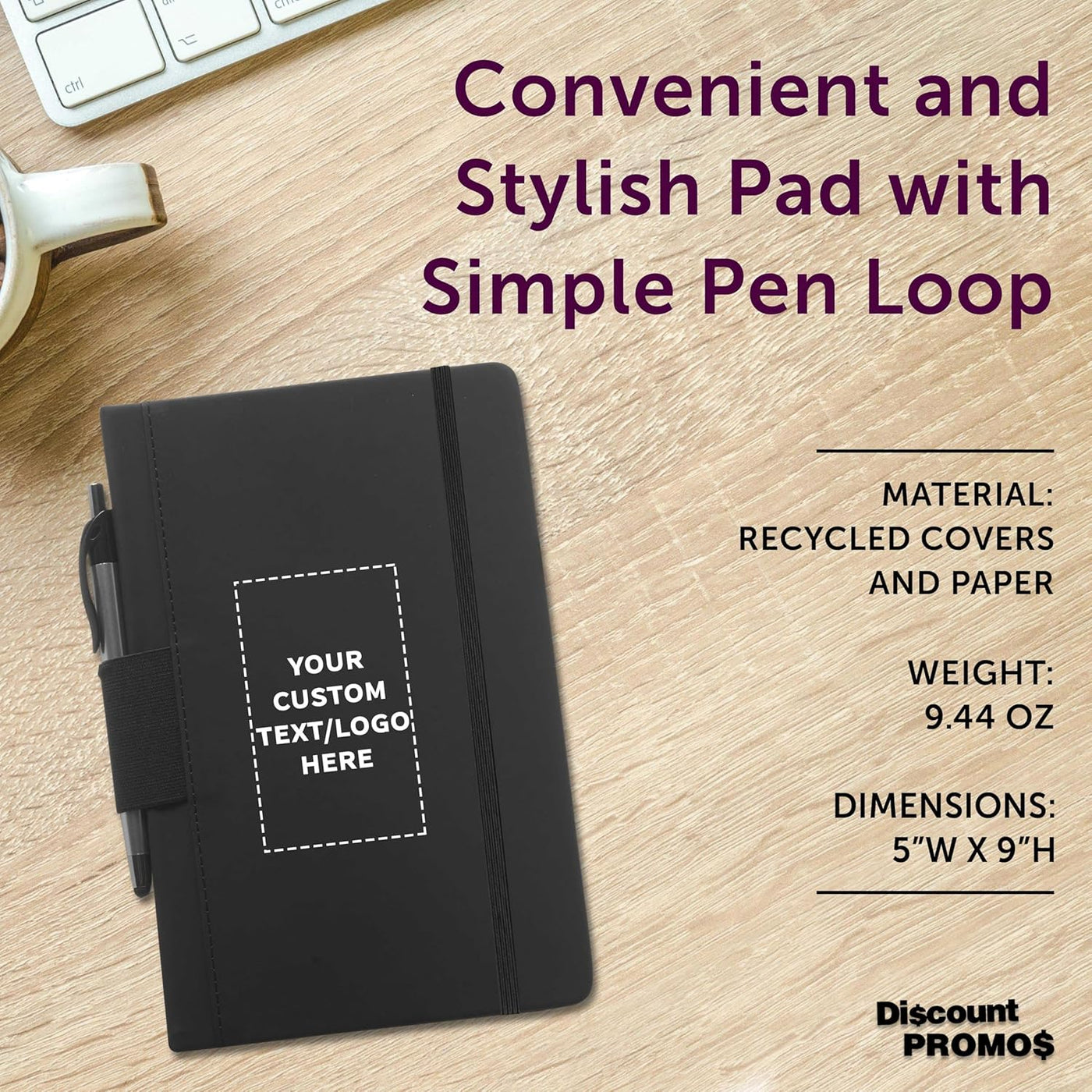 DISCOUNT PROMOS Custom Executive Notebooks with Pen Pack of 10/50/100 Personalized Text, Logo - 6 x 8.5 inches, Recycled, Pen Loop, Closure Strap - Black
