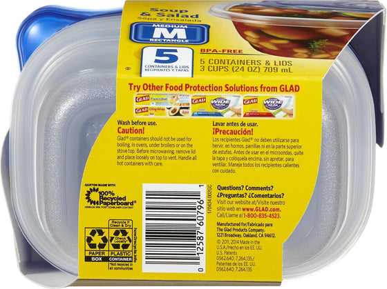Glad GladWare Medium Rectangle Food Storage Containers with Lids, BPA Free Plastic for Soups Salads and Meal Prep, Airtight Leak Resistant, Microwave Dishwasher Freezer Safe, 24 Oz, 5 Count - hover image