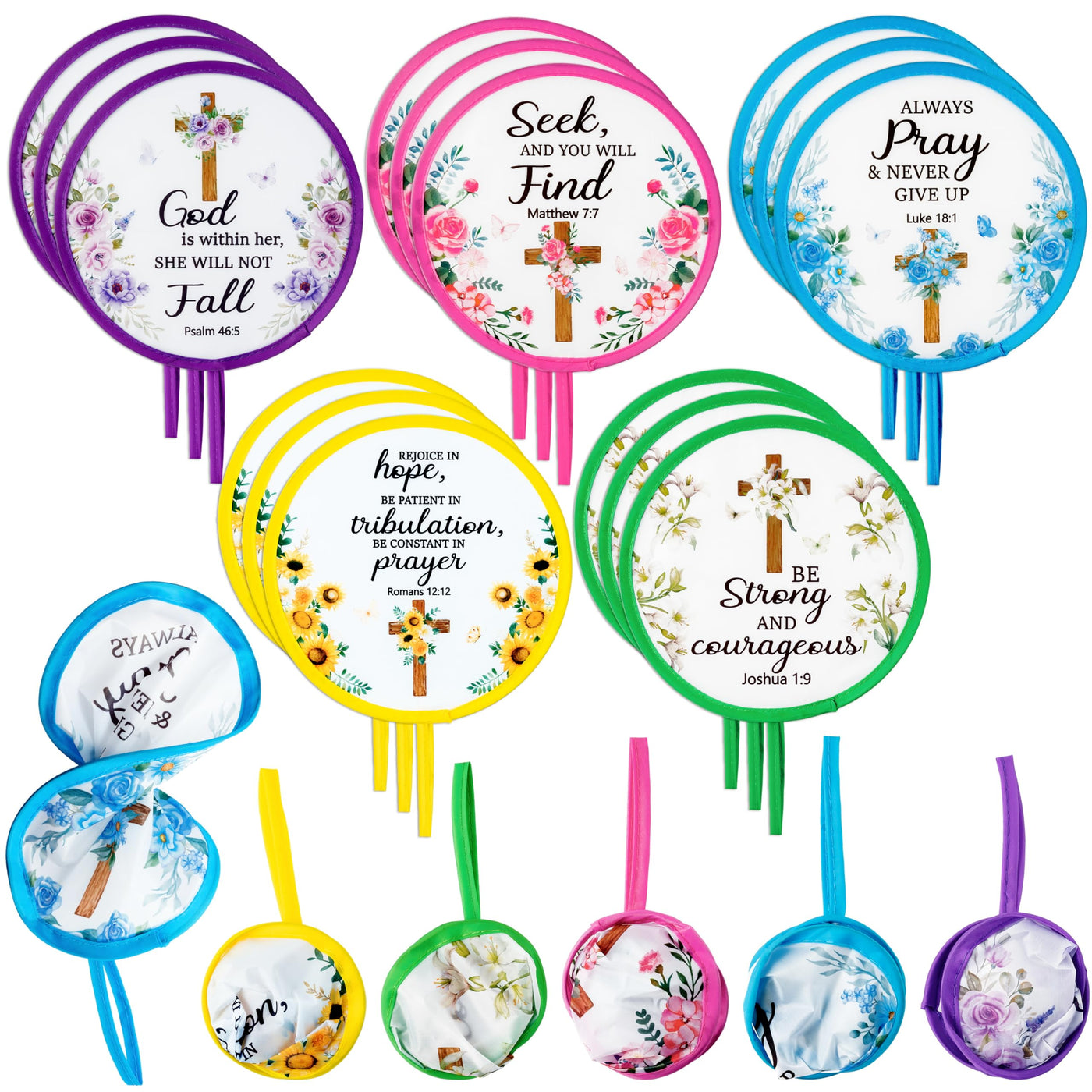 R HORSE 50Pcs Christian Church Folding Fan, Religious Flower Collapsible Handheld Hand Fan for Church Service, Christian Festival Decor Wedding Home Decoration Party Favors Summer Gift for Women Girl