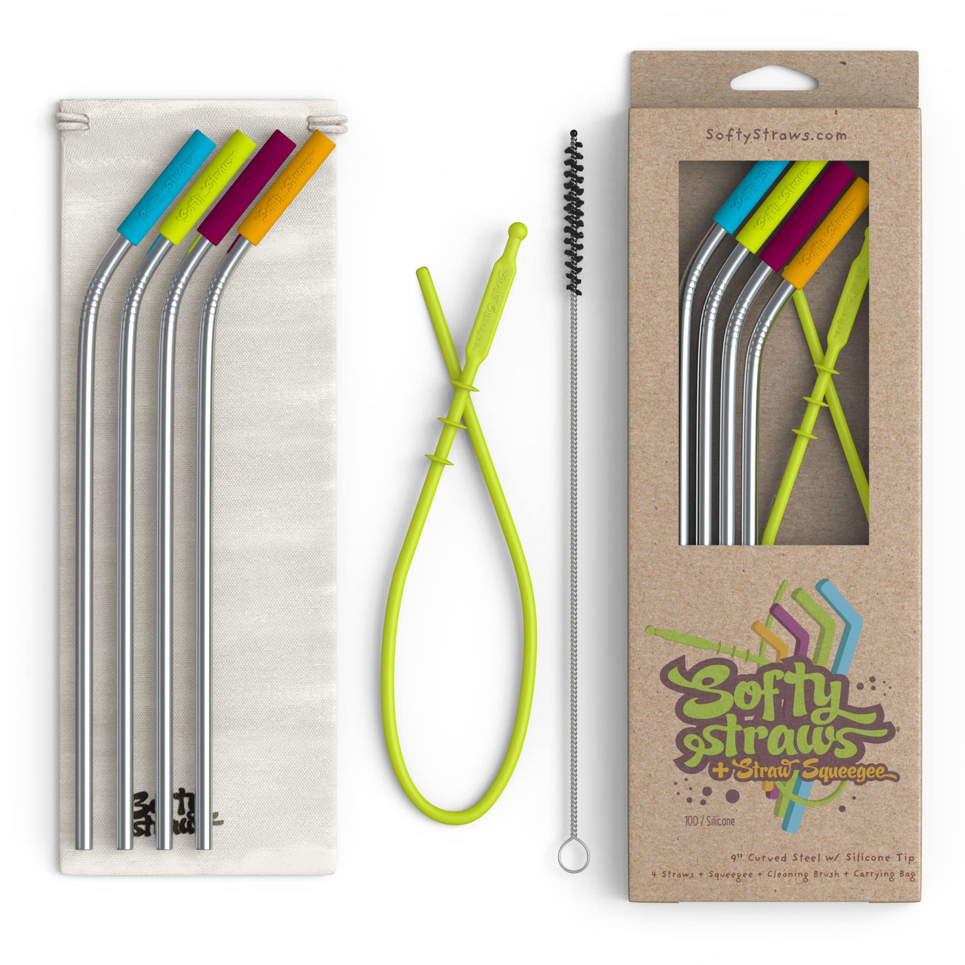 Softy Straws Wide Premium Reusable Silicone Drinking Straws + Patented Straw Squeegee - 9” Long With Curved Bend for 20 30 32 oz Tumblers Non Rubber, Flexible, Safe for Kids/Toddlers, Smoothie