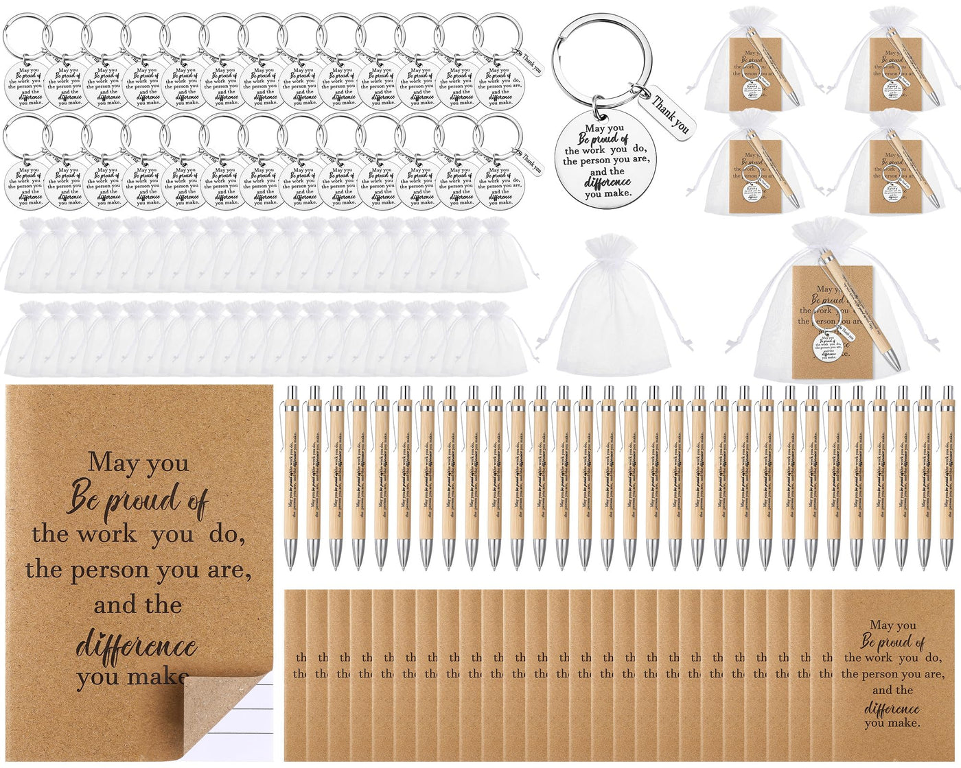 Kosiz 50 Sets Employee Appreciation Gifts Bulk Thank You Notebooks Bamboo Pens Keychains Social Worker Appreciation Gifts for Coworkers Staff Employee Students