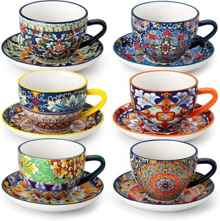 vancasso 8 oz Cappuccino Cups with Saucers Set of 6, Bohemian Ceramic Coffee Cup for Latte, Tea, Espresso, Microwave & Dishwasher Safe - Porcelain Tea Cups and Saucers for Kitchen or Cafe