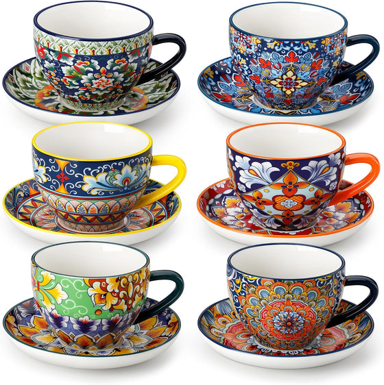 vancasso 8 oz Cappuccino Cups with Saucers Set of 6, Bohemian Ceramic Coffee Cup for Latte, Tea, Espresso, Microwave & Dishwasher Safe - Porcelain Tea Cups and Saucers for Kitchen or Cafe