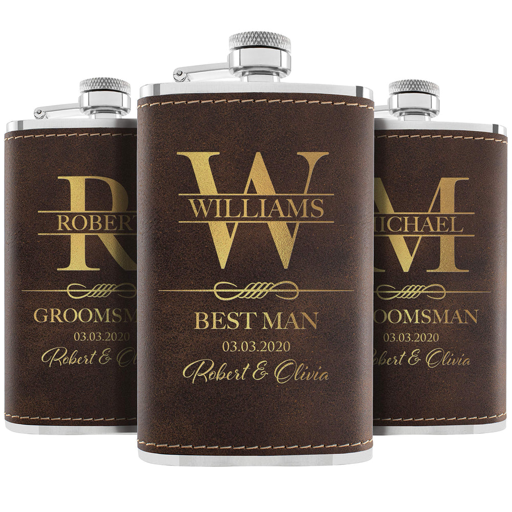 Personalized Hip Flasks Set of 6 - Engraved Leatherette 6 Oz, Best Man & Groomsmen Proposal Gifts, Wedding Party Favors - Chestnut #4