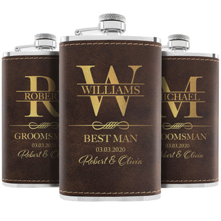 Personalized Hip Flasks Set of 6 - Engraved Leatherette 6 Oz, Best Man & Groomsmen Proposal Gifts, Wedding Party Favors - Chestnut #4