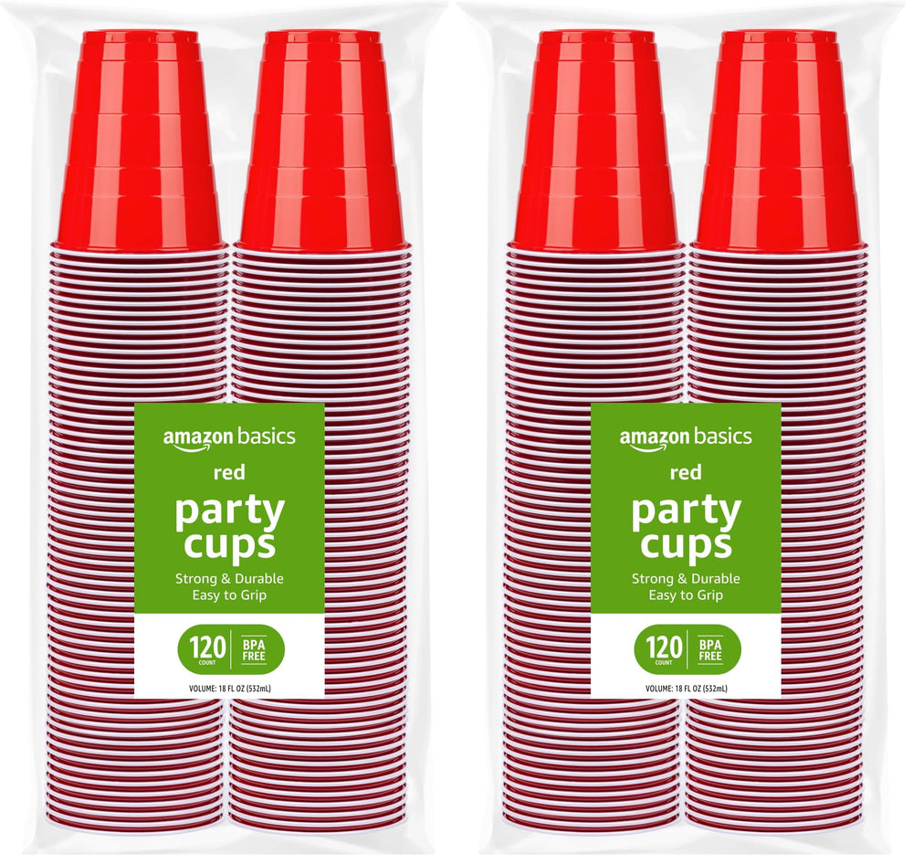 Amazon Basics Sturdy Disposable Plastic Party Cups for Cold Drinks, Red, 18oz, 50 Count, BPA-Free