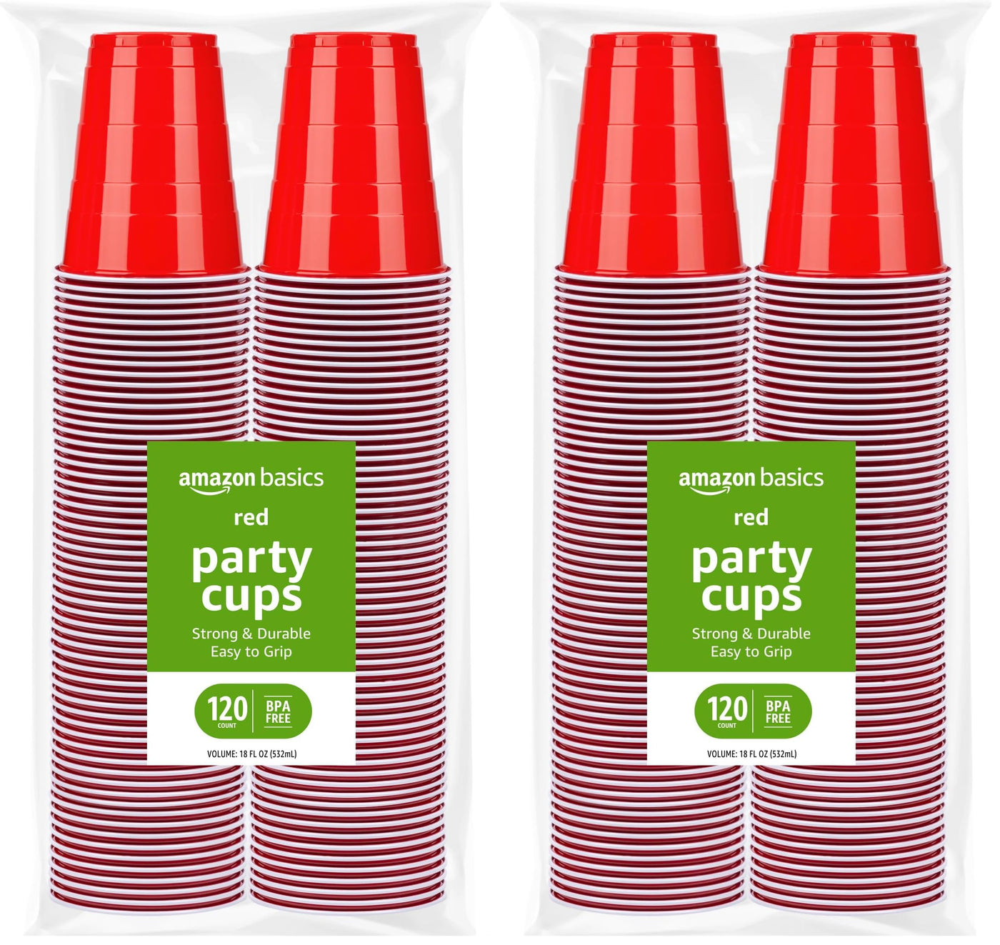 Amazon Basics Sturdy Disposable Plastic Party Cups for Cold Drinks, Red, 18oz, 50 Count, BPA-Free