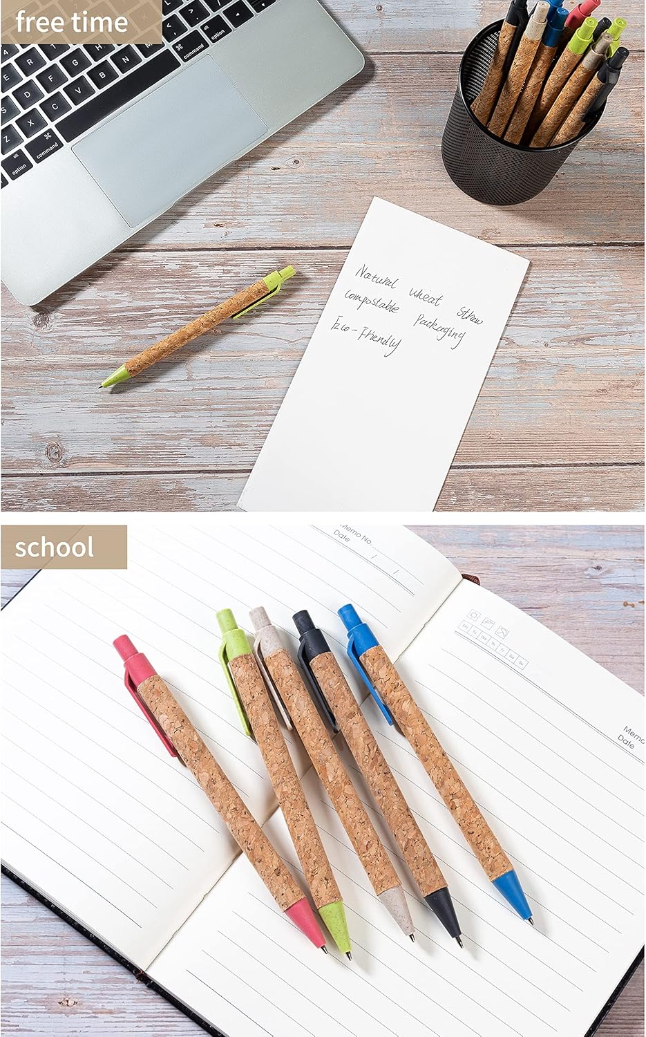 jinfusi Wheat Straw Pens(30 Pack),Eco Friendly Cork and Recycled Ballpoint Writing Black Ink Sustainable Products Set Pens or Journaling
