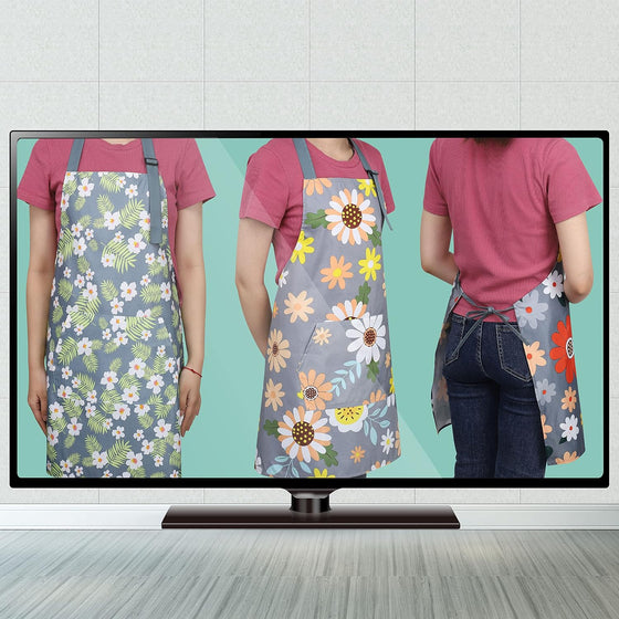 BOUMUSOE 3 Pack Floral Aprons with Pocket, Blooming Womens Aprons Waterproof Adjustable Cooking Apron for Kitchen Gardening - hover image