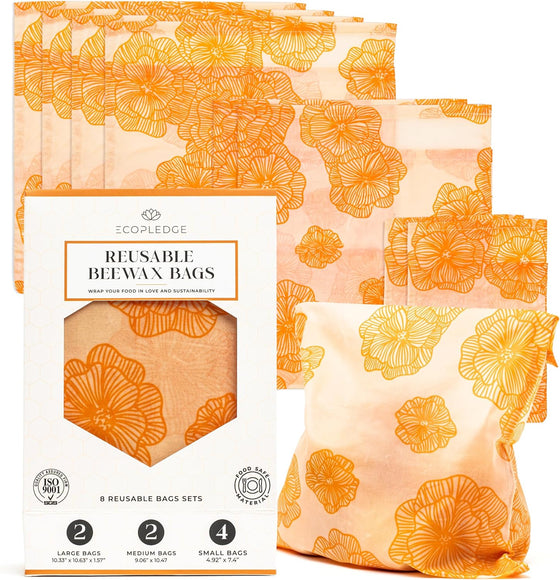 Reusable Beeswax Food Storage Bags – 8 Pack (2 Large, 2 Medium, 4 Small) | Natural Alternative to Plastic | Organic Cotton, Beeswax, Jojoba Oil