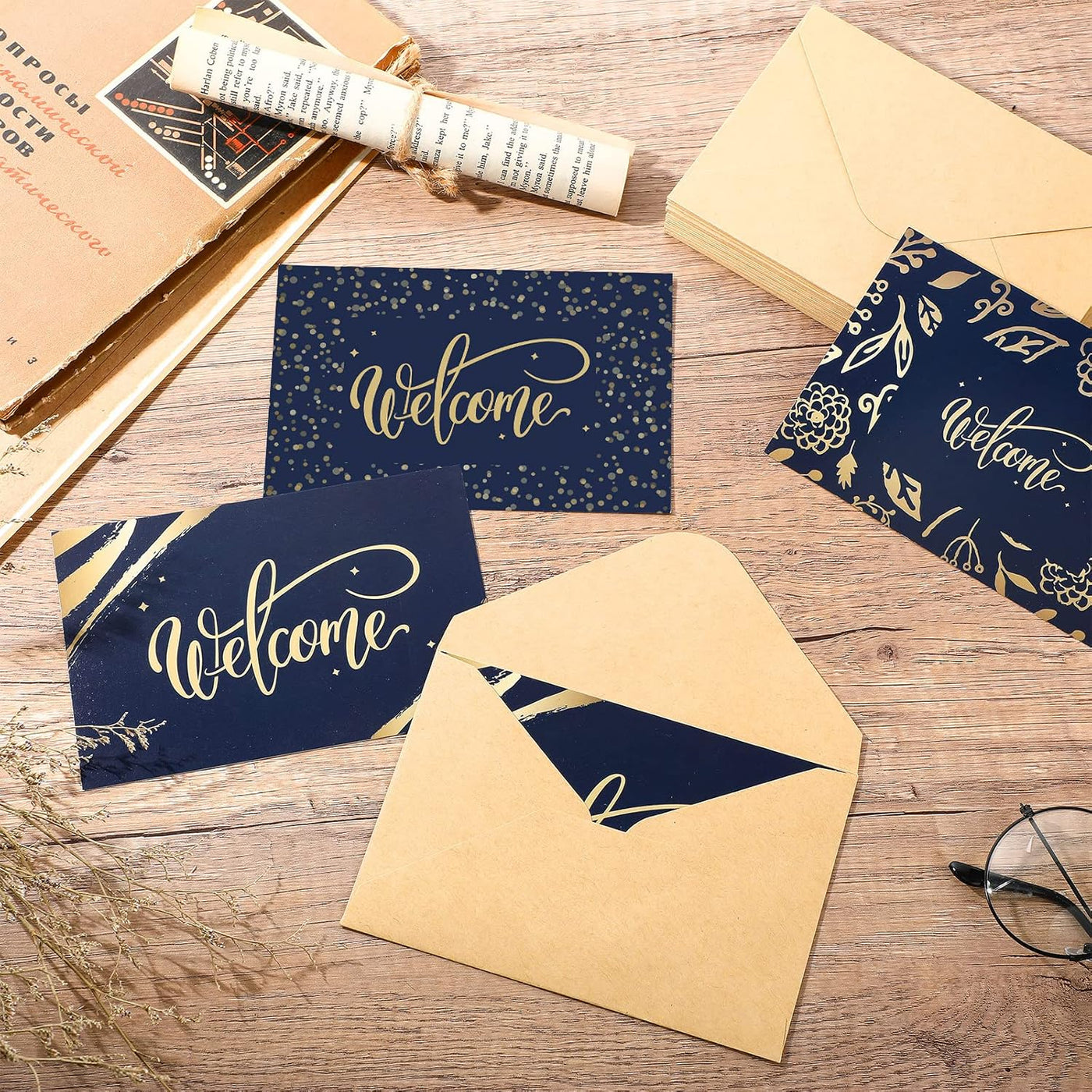 Fumete 48 Sets Welcome Cards Bulk with Kraft Envelopes and Stickers for Guest Employee Greeting Cards Assorted Paper for Birthday Business Wedding New Home Baby Shower(Blue)