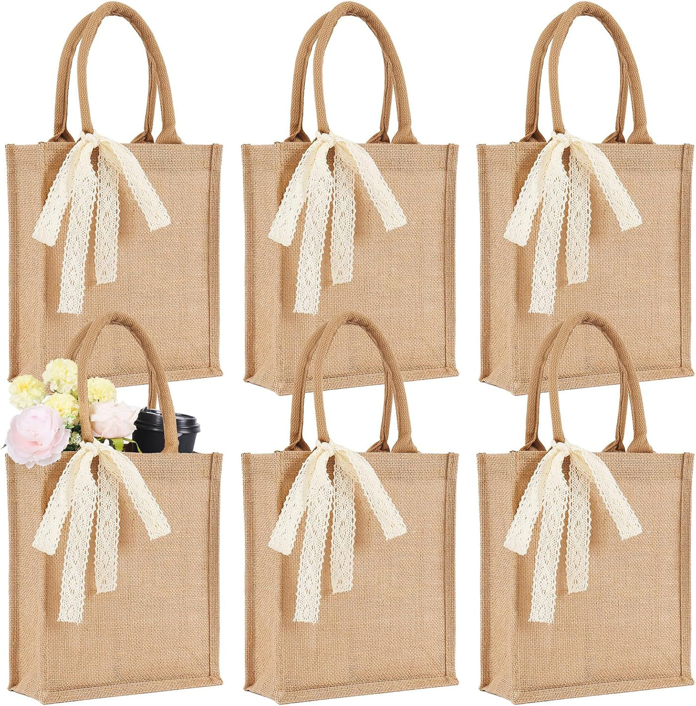Small 6pcs Burlap Tote Bag Set with Handles, 11*9.45*3.94 Inch Waterproof Reusable Blank Grocery Bags with Ribbon Large Jute Tote for Women Bridesmaid Gift Beach Shopping Wedding Travel DIY