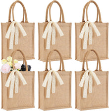 Small 6pcs Burlap Tote Bag Set with Handles, 11*9.45*3.94 Inch Waterproof Reusable Blank Grocery Bags with Ribbon Large Jute Tote for Women Bridesmaid Gift Beach Shopping Wedding Travel DIY
