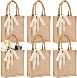 Small 6pcs Burlap Tote Bag Set with Handles, 11*9.45*3.94 Inch Waterproof Reusable Blank Grocery Bags with Ribbon Large Jute Tote for Women Bridesmaid Gift Beach Shopping Wedding Travel DIY