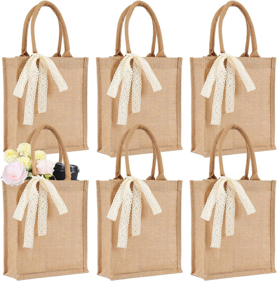 Small 6pcs Burlap Tote Bag Set with Handles, 11*9.45*3.94 Inch Waterproof Reusable Blank Grocery Bags with Ribbon Large Jute Tote for Women Bridesmaid Gift Beach Shopping Wedding Travel DIY