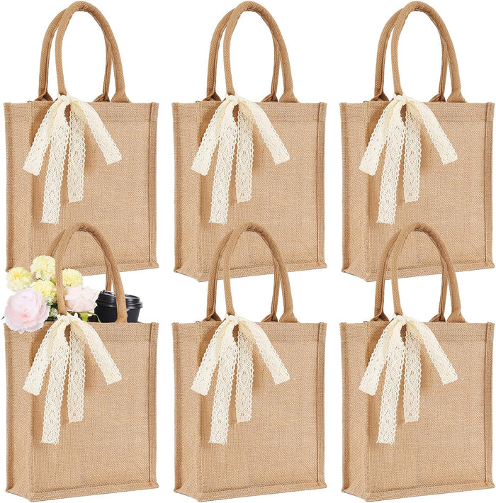 Small 6pcs Burlap Tote Bag Set with Handles, 11*9.45*3.94 Inch Waterproof Reusable Blank Grocery Bags with Ribbon Large Jute Tote for Women Bridesmaid Gift Beach Shopping Wedding Travel DIY