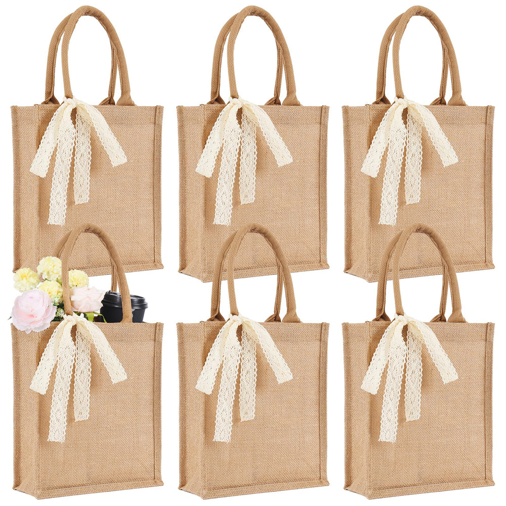 Small 6pcs Burlap Tote Bag Set with Handles, 11*9.45*3.94 Inch Waterproof Reusable Blank Grocery Bags with Ribbon Large Jute Tote for Women Bridesmaid Gift Beach Shopping Wedding Travel DIY