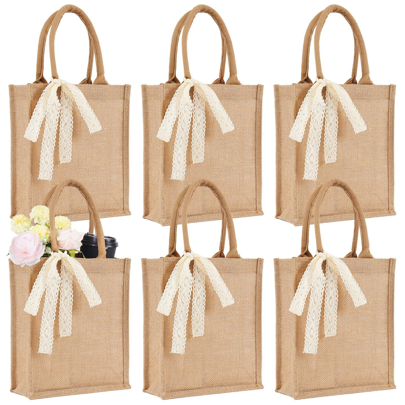 Small 6pcs Burlap Tote Bag Set with Handles, 11*9.45*3.94 Inch Waterproof Reusable Blank Grocery Bags with Ribbon Large Jute Tote for Women Bridesmaid Gift Beach Shopping Wedding Travel DIY