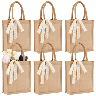Small 6pcs Burlap Tote Bag Set with Handles, 11*9.45*3.94 Inch Waterproof Reusable Blank Grocery Bags with Ribbon Large Jute Tote for Women Bridesmaid Gift Beach Shopping Wedding Travel DIY