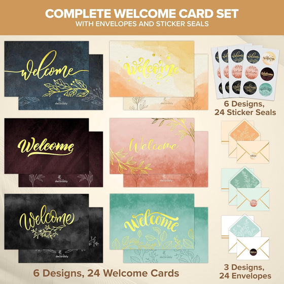 Decorably 24 Pack Gold Foil 6x4in Welcome Cards with Envelopes and Stickers, 6 Elegant Designs for New Employees, Guests, Team Members, Blank Inside - Housewarming, Office, Wedding, Gifting, Mailing - hover image