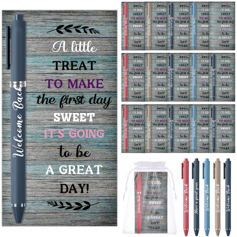 Marspark 30 Set Welcome Back to School Gifts Bulk Ballpoint Pens and Greeting Cards Set with Bags Twist Ties Composition First Day of School Gifts for Teacher Student Classroom Party Favors Supplies