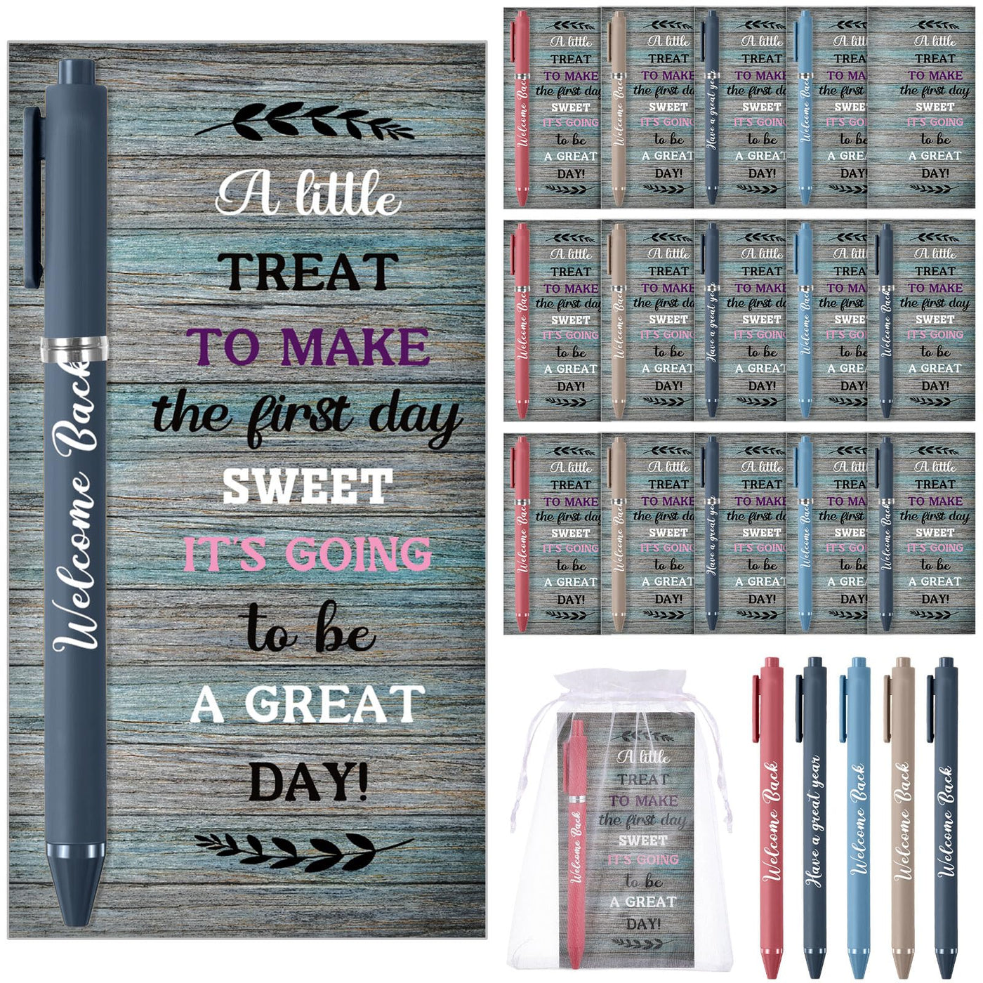Marspark 30 Set Welcome Back to School Gifts Bulk Ballpoint Pens and Greeting Cards Set with Bags Twist Ties Composition First Day of School Gifts for Teacher Student Classroom Party Favors Supplies
