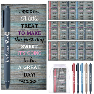 Marspark 30 Set Welcome Back to School Gifts Bulk Ballpoint Pens and Greeting Cards Set with Bags Twist Ties Composition First Day of School Gifts for Teacher Student Classroom Party Favors Supplies