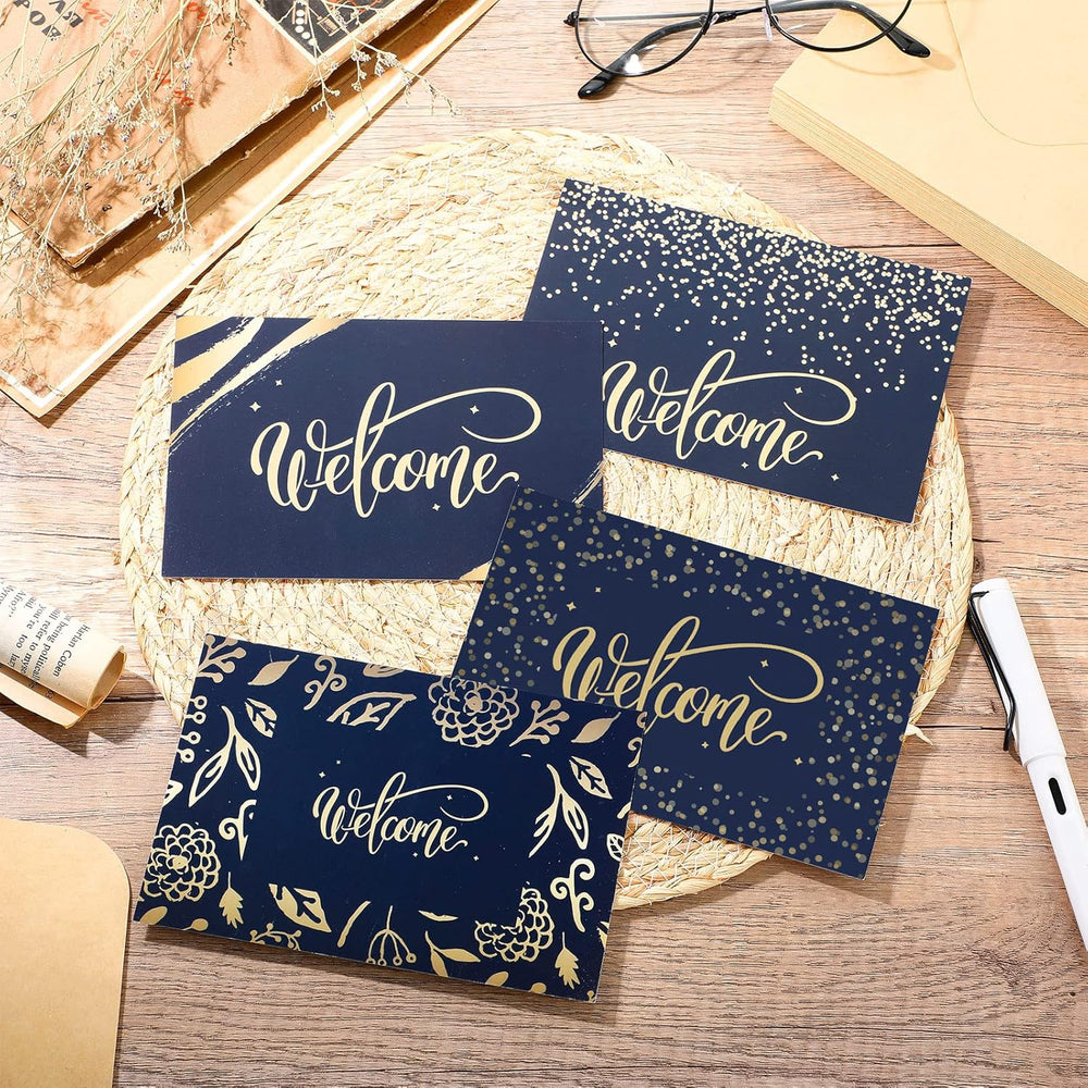 Fumete 72 Sets Bulk Welcome Card Golden for Guest with Kraft Envelope Sticker Blank 6x4 in Interior Welcomes Note Card Paper Hotel Business Greeting Postcard Wedding Employee Team (Blue)