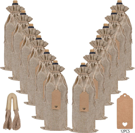 Sailup Burlap Wine Bags 12 Pcs Wine Bottle Gift Bags With Drawstrings Tags & Ropes, Reusable Gift Bag for Weddings, Holiday Party Birthdays, Christmas, Travel, Blind Tastings, Home Storage 750ml