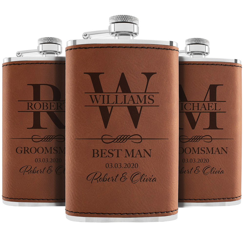 Personalized Hip Flasks Set of 6 - Engraved Leatherette 6 Oz, Best Man & Groomsmen Proposal Gifts, Wedding Party Favors - Chestnut #4
