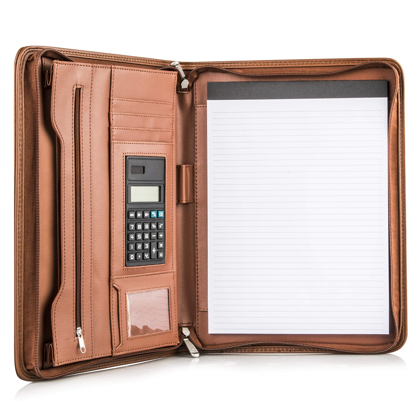 Cossini Premium Business Portfolio with Zipper – Padfolio - Superior Business Impressions Begin with PU Vegan Leather, 10.1 Inch Tablet Sleeve, Smart Storage, Solar Calculator, Writing Pad -Brown