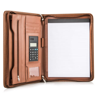 Cossini Premium Business Portfolio with Zipper – Padfolio - Superior Business Impressions Begin with PU Vegan Leather, 10.1 Inch Tablet Sleeve, Smart Storage, Solar Calculator, Writing Pad -Brown