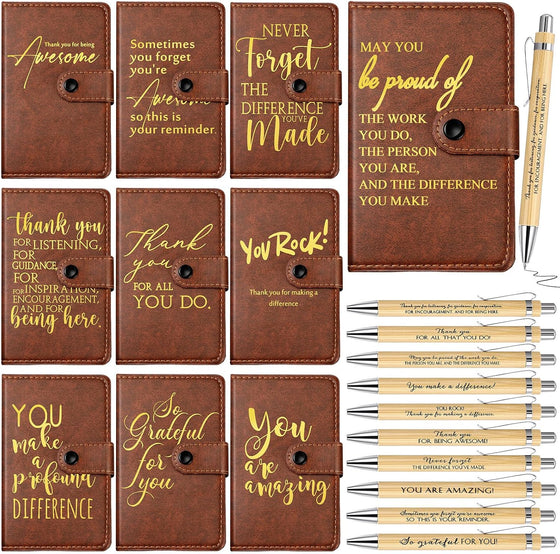 Dispowreath 10 Sets Thank You Leather Journal Bulk Fathers Day Coworkers Gift Inspirational Notebook with Bamboo Pen CNA Week Gift Appreciation Notepad for Employee Teacher Nurse Staff (Dark Brown)