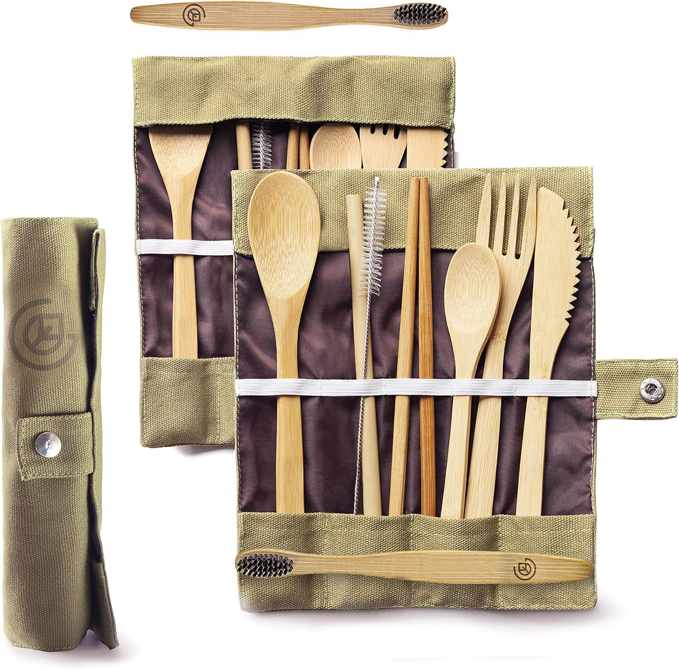 Greenzla Double Pack Bamboo Utensils Set with Bonus Toothbrush Pair, Straw, Spoon, Fork, Knife, Teaspoon, Chopsticks, Brush & Duo Storage Bags - Reusable Bamboo Cutlery - Wooden Utensil Set