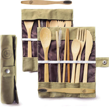 Greenzla Double Pack Bamboo Utensils Set with Bonus Toothbrush Pair, Straw, Spoon, Fork, Knife, Teaspoon, Chopsticks, Brush & Duo Storage Bags - Reusable Bamboo Cutlery - Wooden Utensil Set