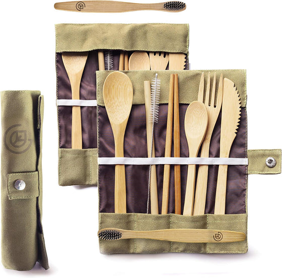 Greenzla Double Pack Bamboo Utensils Set with Bonus Toothbrush Pair, Straw, Spoon, Fork, Knife, Teaspoon, Chopsticks, Brush & Duo Storage Bags - Reusable Bamboo Cutlery - Wooden Utensil Set