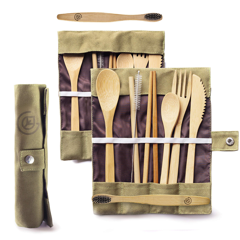 Greenzla Double Pack Bamboo Utensils Set with Bonus Toothbrush Pair, Straw, Spoon, Fork, Knife, Teaspoon, Chopsticks, Brush & Duo Storage Bags - Reusable Bamboo Cutlery - Wooden Utensil Set