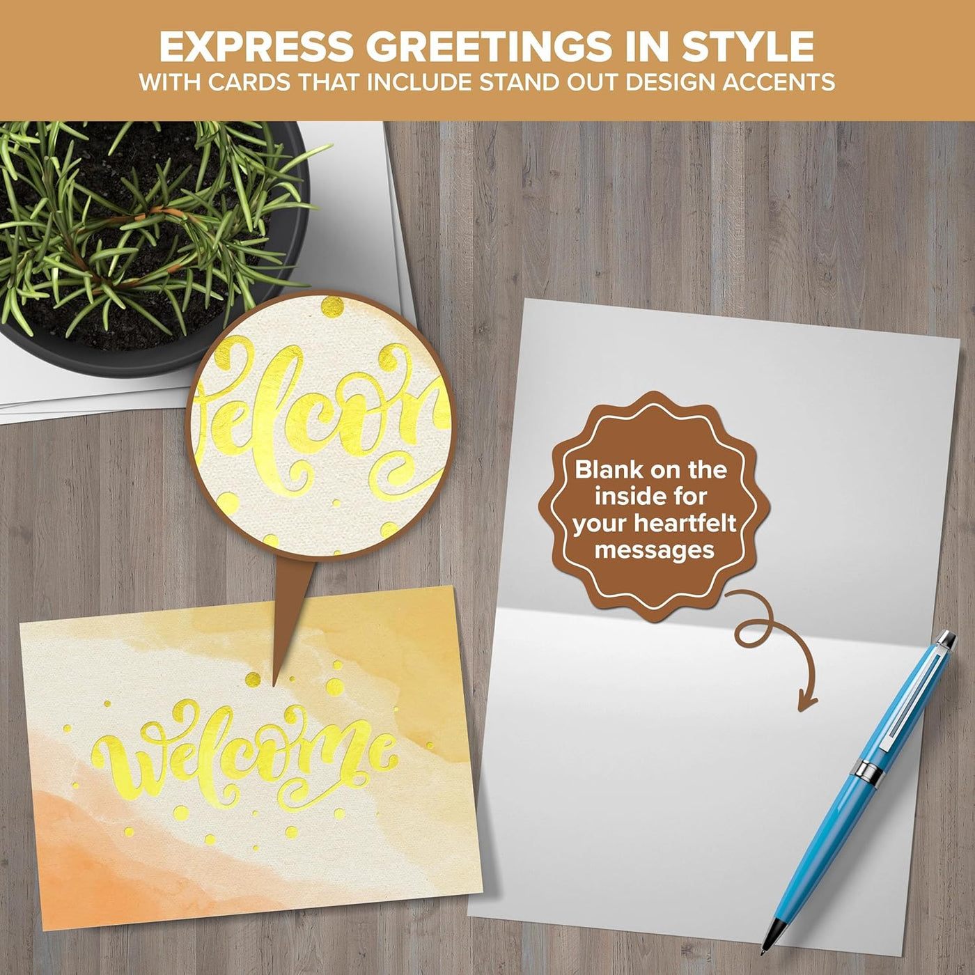Decorably 24 Pack Gold Foil 6x4in Welcome Cards with Envelopes and Stickers, 6 Elegant Designs for New Employees, Guests, Team Members, Blank Inside - Housewarming, Office, Wedding, Gifting, Mailing