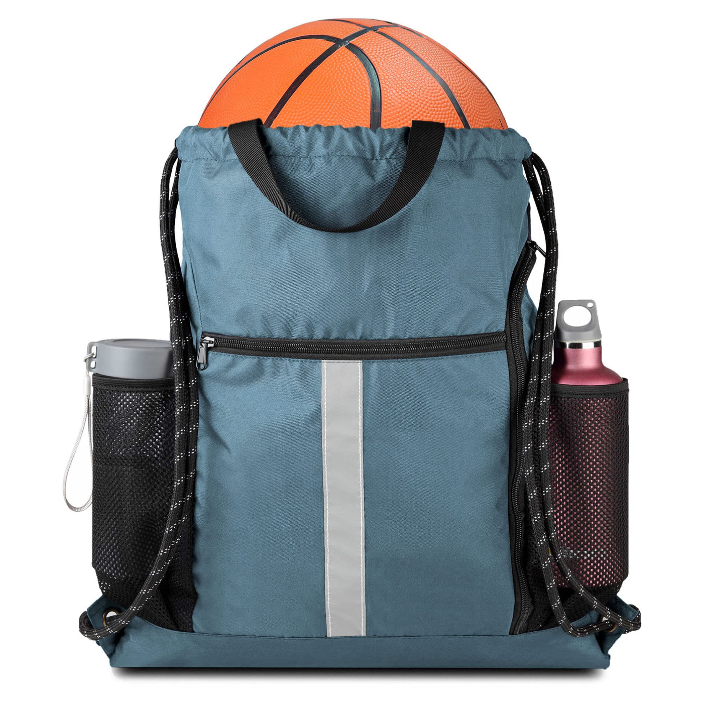 BeeGreen Black Drawstring Backpack Gym Bag For Men Women String Sports Backpack With Water Bottle Mesh Pockets And 2 Zippered Pocket Large Cinch Sackpack Workout Bag 16" x 20"