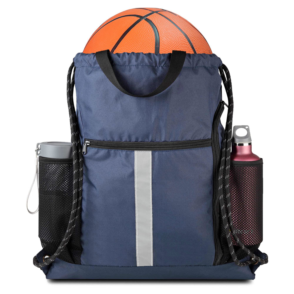 BeeGreen Black Drawstring Backpack Gym Bag For Men Women String Sports Backpack With Water Bottle Mesh Pockets And 2 Zippered Pocket Large Cinch Sackpack Workout Bag 16" x 20"