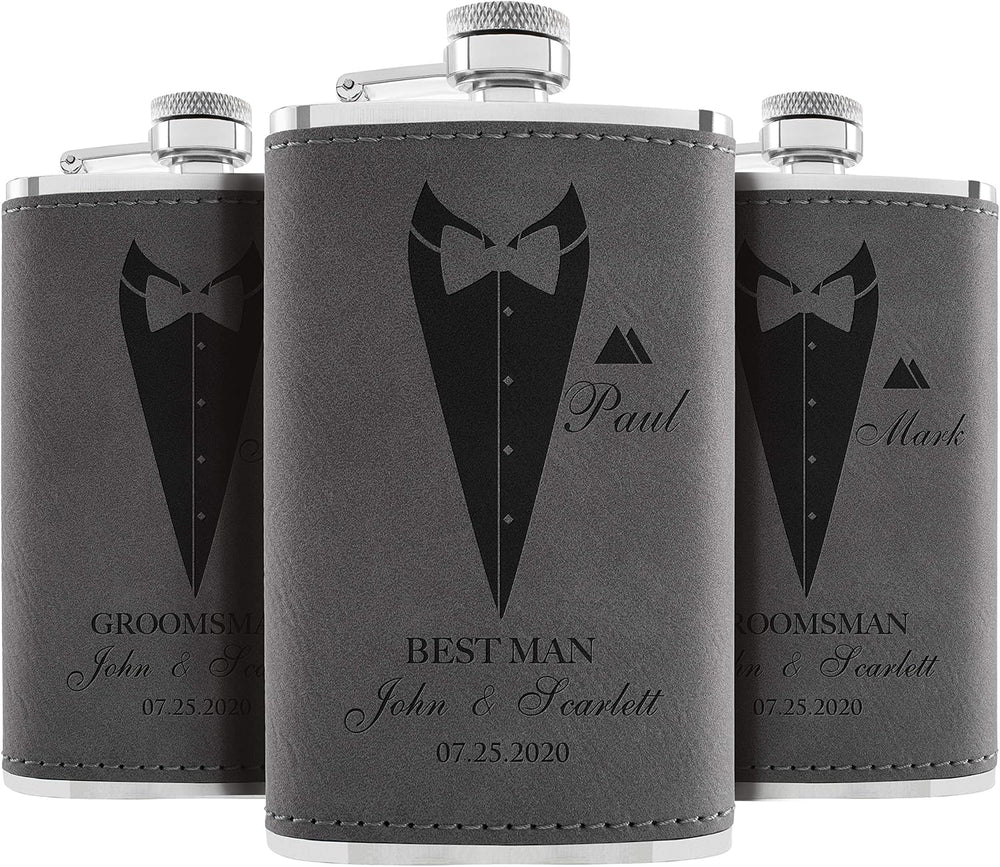 Groomsmen Gifts, Personalized Hip Flasks, Groomsmen Proposal, 6 Oz Engraved Leatherette Flasks for Men, Best Man Gifts for Wedding, Groomsmen Gifts for Wedding - Black #2