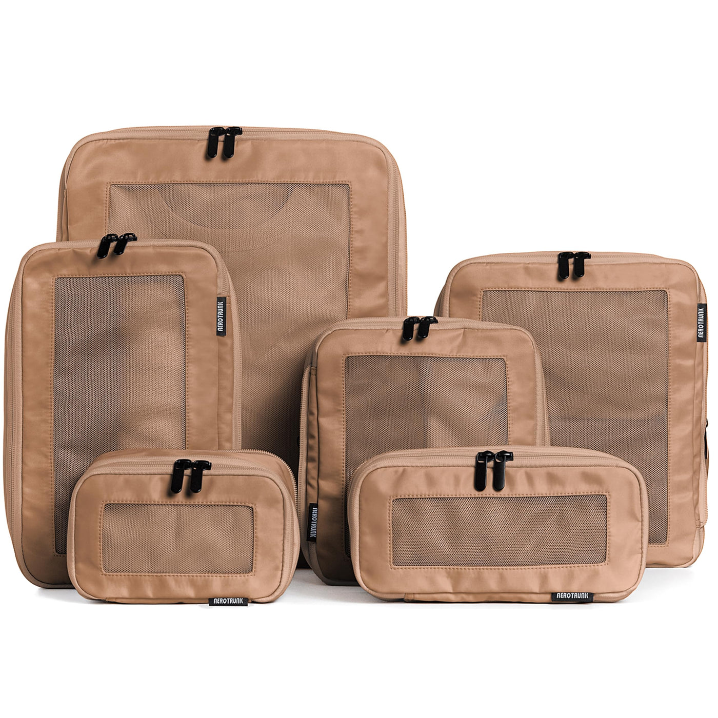 Aerotrunk Compression Packing Cubes for Travel - Luggage Organizer Bags - Double Zipper Packing Cubes for Suitcases (6-Pack, Beige)