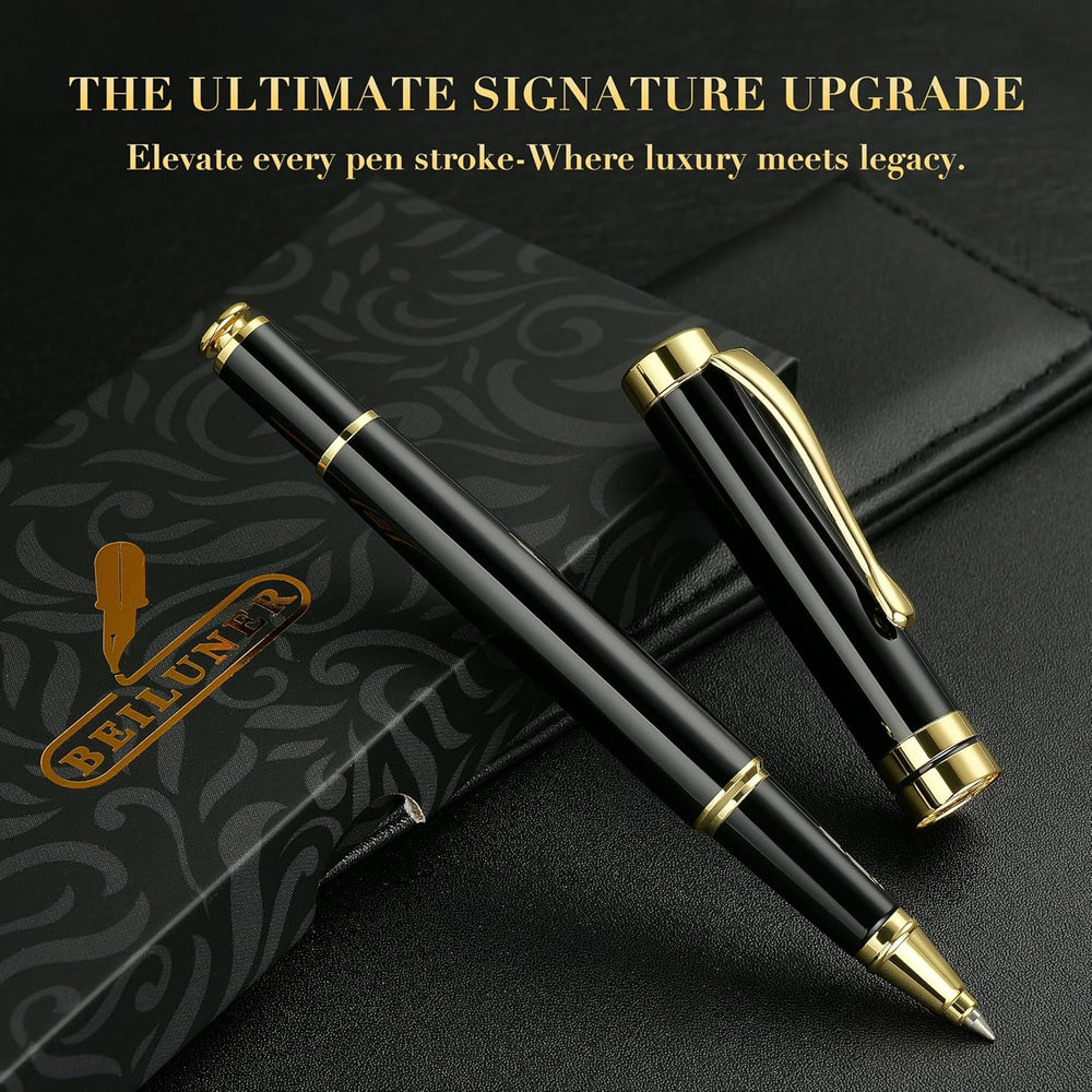 BEILUNER Ballpoint Pens, Stunning Black Chrome Metal Pen with Golden Trim, Best Ball Pen Gift Set for Men & Women, Professional, Executive, Office, Nice Pens-Gift Box with 0.5mm Black Extra Refill