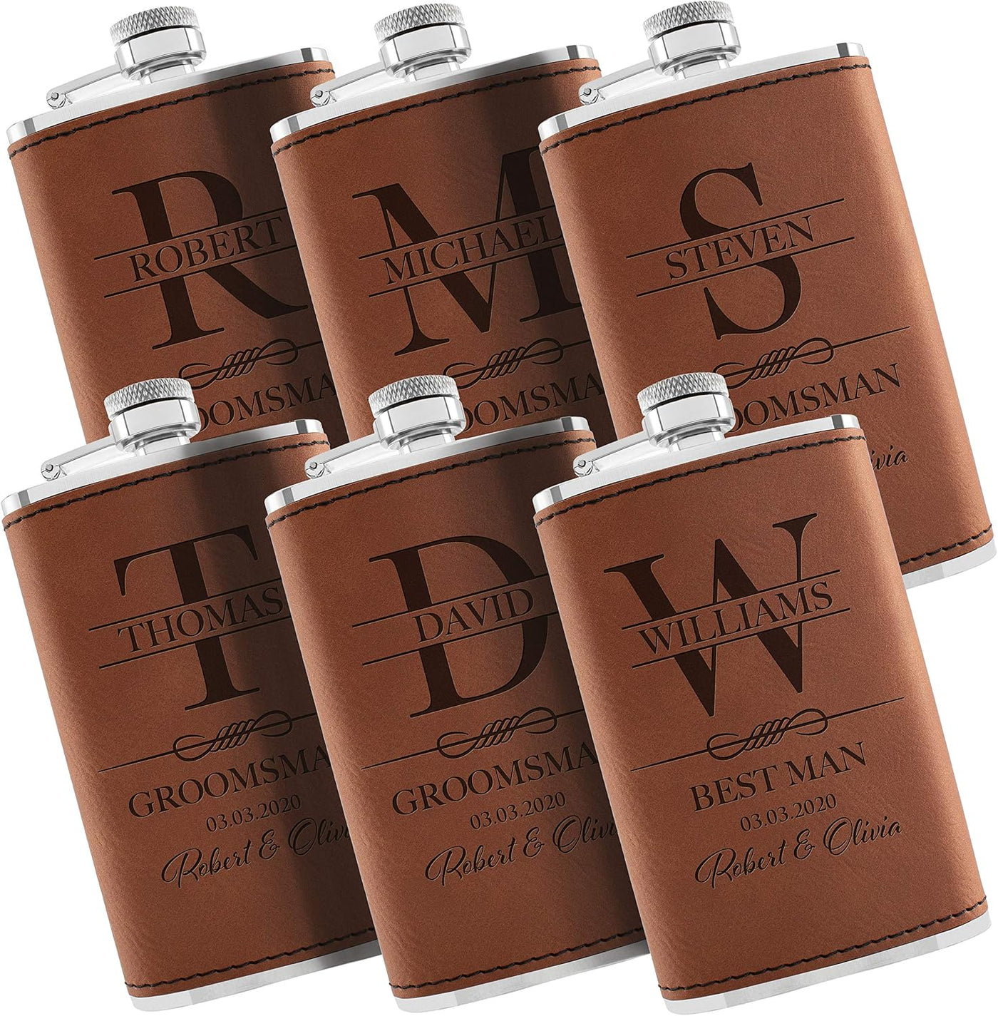 Personalized Hip Flasks Set of 6 - Engraved Leatherette 6 Oz, Best Man & Groomsmen Proposal Gifts, Wedding Party Favors - Chestnut #4