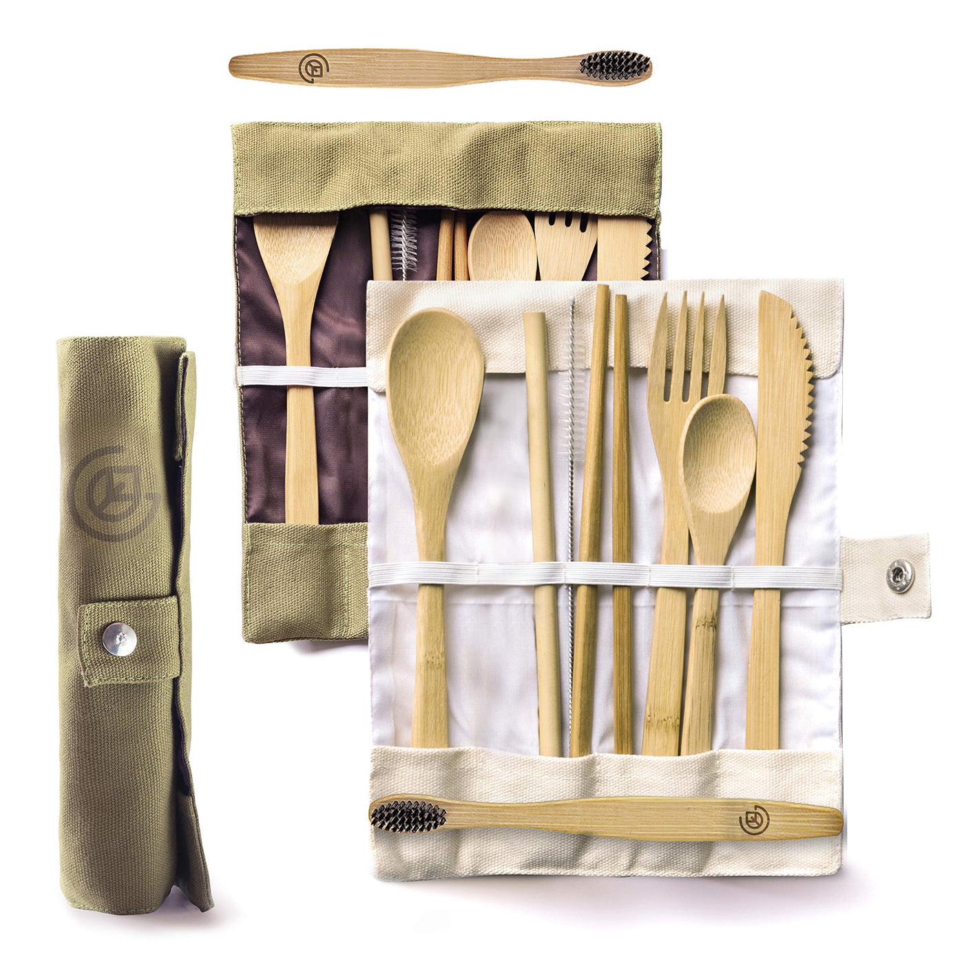 Greenzla Double Pack Bamboo Utensils Set with Bonus Toothbrush Pair, Straw, Spoon, Fork, Knife, Teaspoon, Chopsticks, Brush & Duo Storage Bags - Reusable Bamboo Cutlery - Wooden Utensil Set