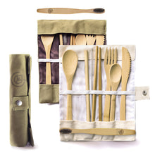 Greenzla Double Pack Bamboo Utensils Set with Bonus Toothbrush Pair, Straw, Spoon, Fork, Knife, Teaspoon, Chopsticks, Brush & Duo Storage Bags - Reusable Bamboo Cutlery - Wooden Utensil Set