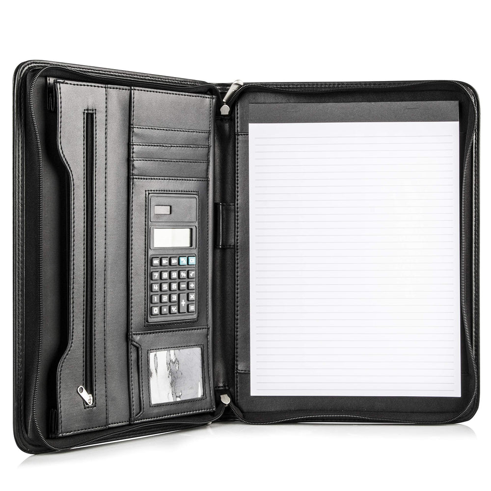Cossini Premium Business Portfolio with Zipper – Padfolio - Superior Business Impressions Begin with PU Vegan Leather, 10.1 Inch Tablet Sleeve, Smart Storage, Solar Calculator, Writing Pad -Brown