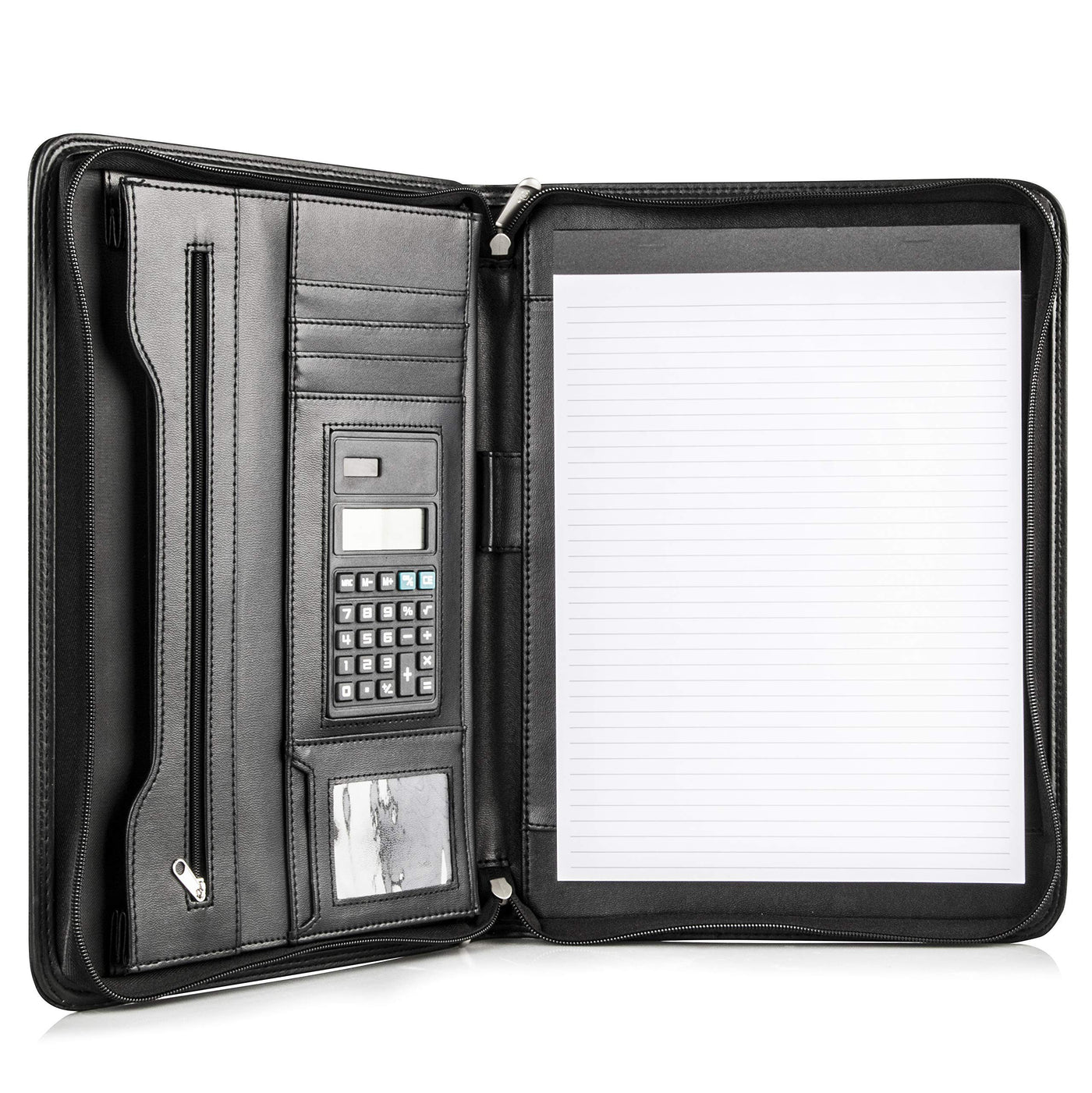 Cossini Premium Business Portfolio with Zipper – Padfolio - Superior Business Impressions Begin with PU Vegan Leather, 10.1 Inch Tablet Sleeve, Smart Storage, Solar Calculator, Writing Pad -Brown